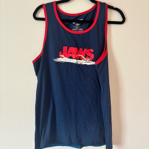 Mens Jaws Graphic Tank Top Navy Blue with Red Trim | Size Medium - Picture 1 of 4